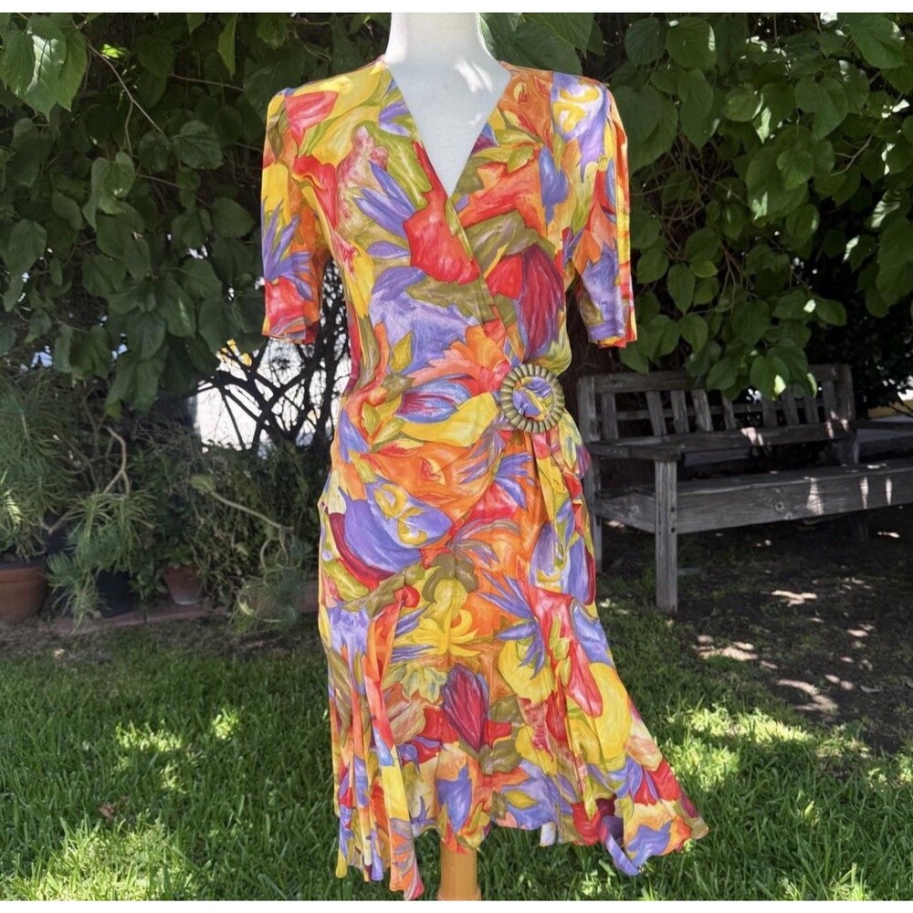Vtg 80s 90s Barbara Barbara Abstract Floral Wrap Dress Buckle Size 8